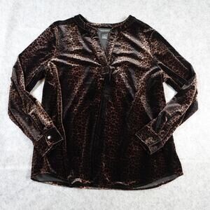 Investments Top Womens Large Velvet Popover Tunic Animal Print V-Neck Soft Brown